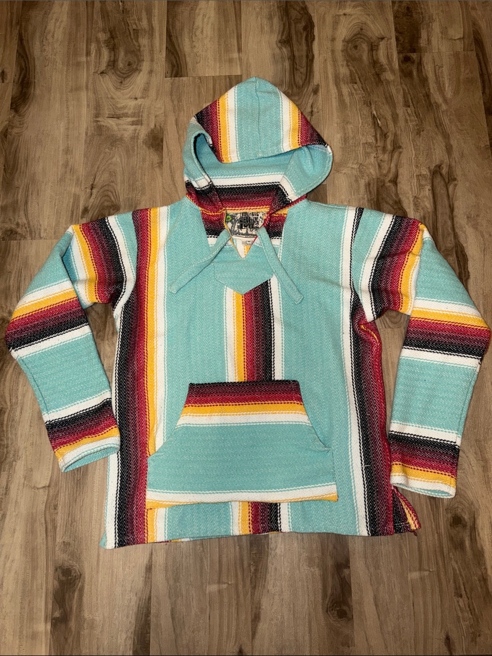 Original Senior Lopez Turquoise Striped Baja-Style Cotton Hoodie Poncho sweater